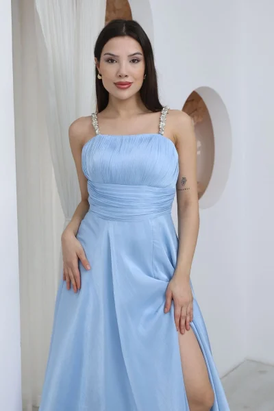 Taş Askılı Büzgü Detaylı Yırtmaçlı Abiye Elbise 2365-Bebe Mavisi