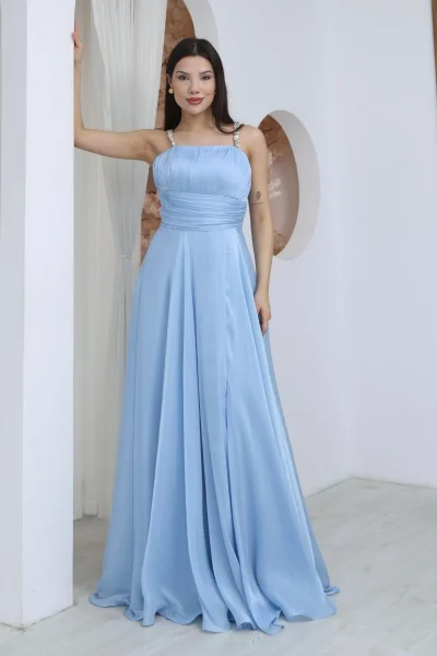 Taş Askılı Büzgü Detaylı Yırtmaçlı Abiye Elbise 2365-Bebe Mavisi