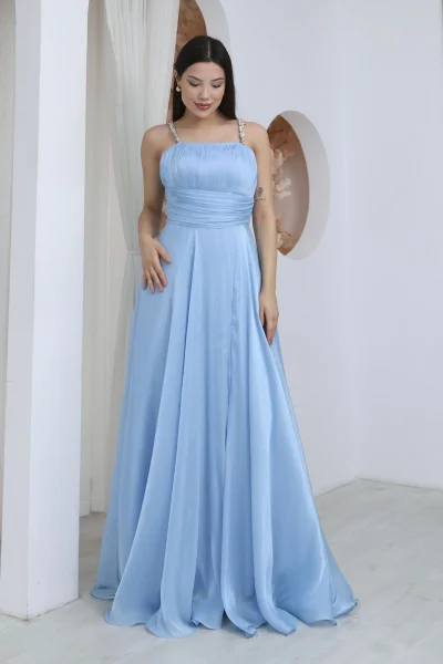 Taş Askılı Büzgü Detaylı Yırtmaçlı Abiye Elbise 2365-Bebe Mavisi