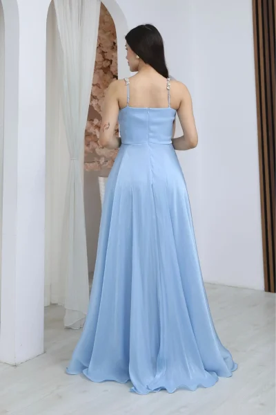 Taş Askılı Büzgü Detaylı Yırtmaçlı Abiye Elbise 2365-Bebe Mavisi