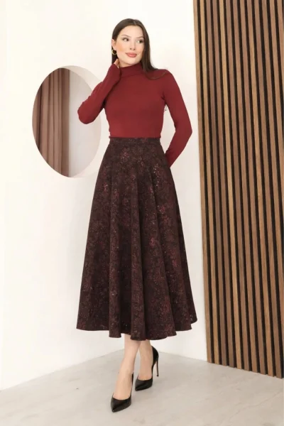 Baskılı ve Payetli Kadife Uzun Kloş Etek 6079-Kahve/Fuşya
