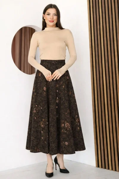 Baskılı ve Payetli Kadife Uzun Kloş Etek 6079-Kahve/Camel