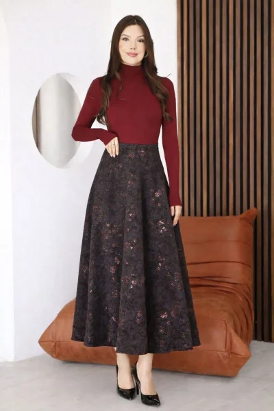 Baskılı ve Payetli Kadife Uzun Kloş Etek 6079-Kahve/İndigo