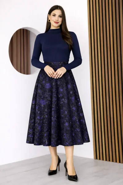 Baskılı ve Payetli Kadife Kloş Etek 6070-Siyah/İndigo