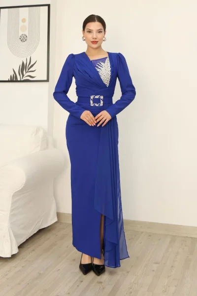 Taş İşlemeli ve Pile Detaylı Pelerinli Abiye Elbise 2312-Saks