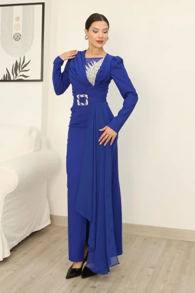 Taş İşlemeli ve Pile Detaylı Pelerinli Abiye Elbise 2312-Saks