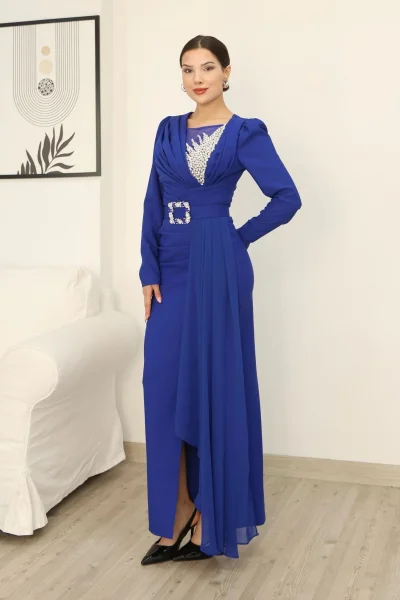 Taş İşlemeli ve Pile Detaylı Pelerinli Abiye Elbise 2312-Saks