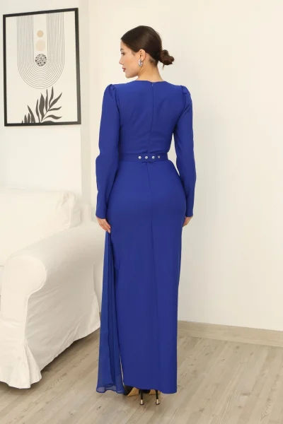 Taş İşlemeli ve Pile Detaylı Pelerinli Abiye Elbise 2312-Saks