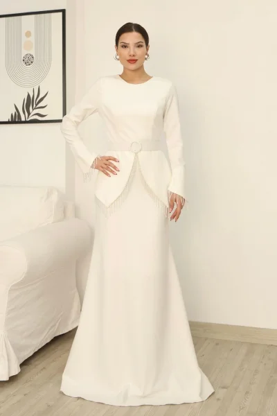 Boncuk Detaylı Kemerli Abiye Elbise 2302-Beyaz