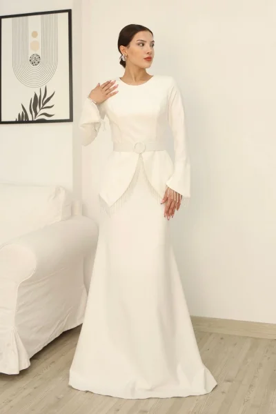 Boncuk Detaylı Kemerli Abiye Elbise 2302-Beyaz