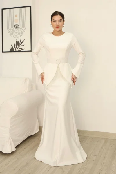 Boncuk Detaylı Kemerli Abiye Elbise 2302-Beyaz