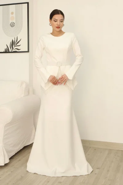 Boncuk Detaylı Kemerli Abiye Elbise 2302-Beyaz