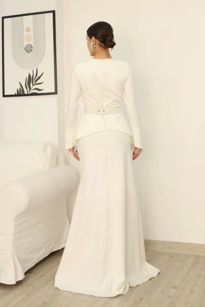 Boncuk Detaylı Kemerli Abiye Elbise 2302-Beyaz