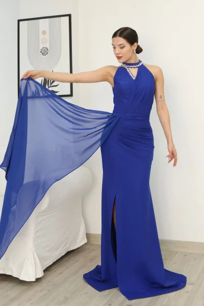 Taş Detaylı Pileli Abiye Elbise 2341-Saks