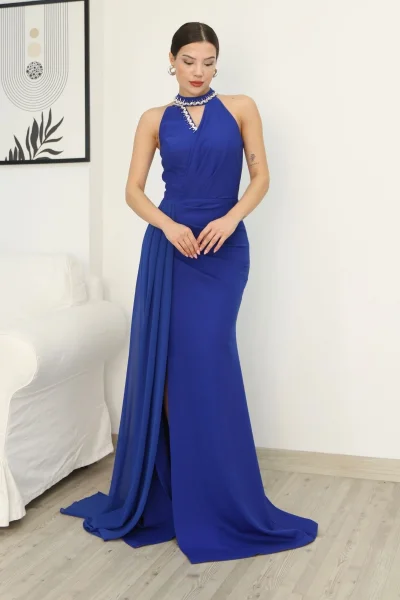 Taş Detaylı Pileli Abiye Elbise 2341-Saks