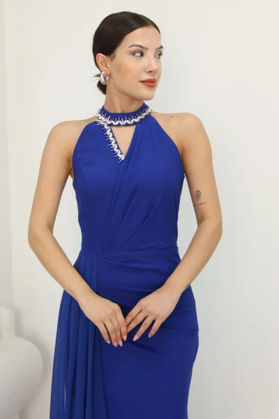 Taş Detaylı Pileli Abiye Elbise 2341-Saks