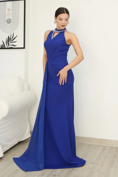 Taş Detaylı Pileli Abiye Elbise 2341-Saks