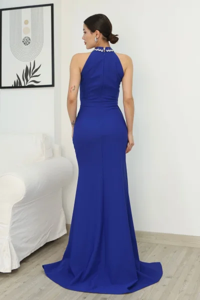 Taş Detaylı Pileli Abiye Elbise 2341-Saks