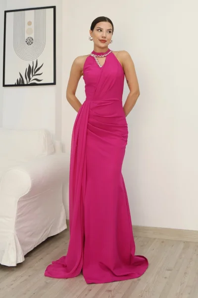 Taş Detaylı Pileli Abiye Elbise 2341-Fuşya