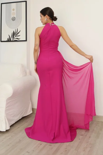 Taş Detaylı Pileli Abiye Elbise 2341-Fuşya