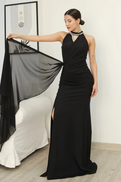 Taş Detaylı Pileli Abiye Elbise 2341-Siyah