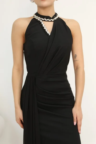 Taş Detaylı Pileli Abiye Elbise 2341-Siyah