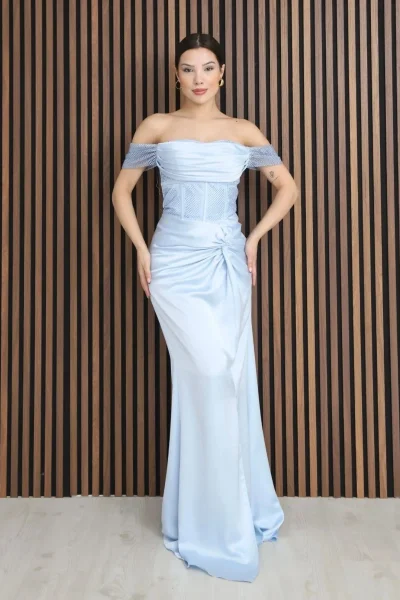 Straplez Yaka File ve Bel Detaylı Saten Abiye Elbise 2368-Bebe Mavisi