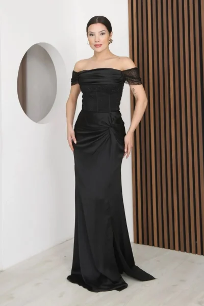 Straplez Yaka File ve Bel Detaylı Saten Abiye Elbise 2368-Siyah