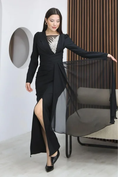 Taş İşlemeli ve Pile Detaylı Pelerinli Abiye Elbise 2312-Siyah