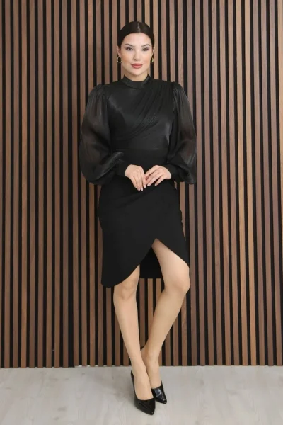 Göğüs Büzgülü Balon Kol Pileli Mini Elbise 2289-Siyah