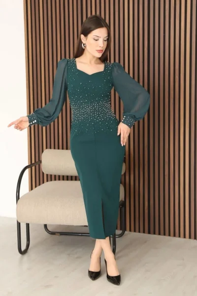 İnci ve Taş Süslemeli Balon Kol Kalem Midi Elbise 2096-Yeşil