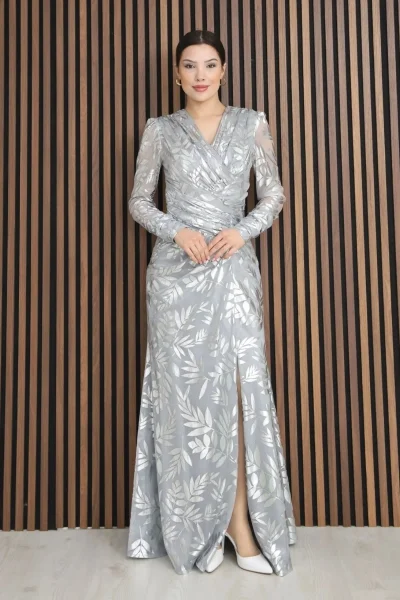 Kruvaze Yaka Bel Pileli Yırtmaçlı Abiye Elbise 2330-Gri