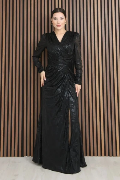 Kruvaze Yaka Bel Pileli Yırtmaçlı Abiye Elbise 2330-Siyah