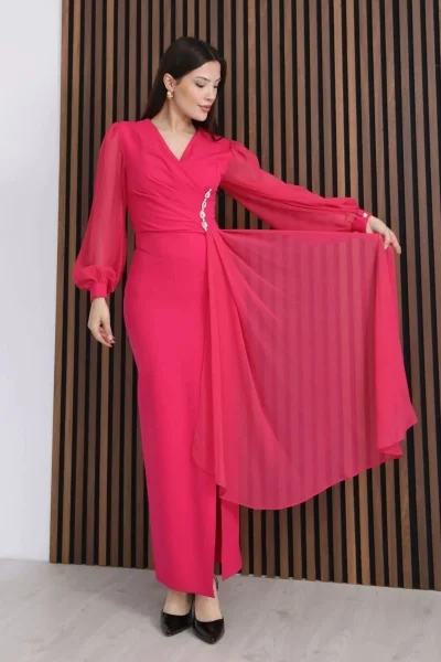 Kruvaze Yaka Şifon Kollu Bel Detaylı Pileli Uzun Abiye Elbise DP5997-Fuşya