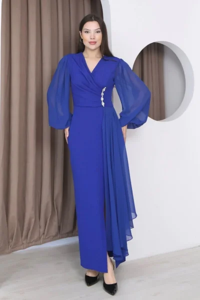 Kruvaze Yaka Şifon Kollu Bel Detaylı Pileli Uzun Abiye Elbise DP5997-Saks