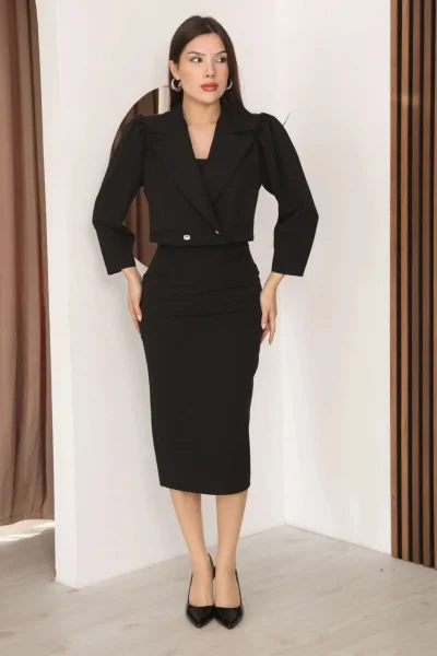 Kruvaze Yaka Crop Ceketli Kalem Elbise Takım 2291-Siyah