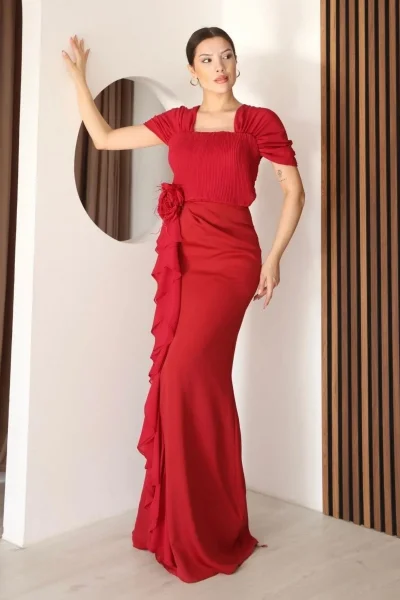 Piliseli ve Şifon Detaylı Uzun Abiye Elbise 2391-Kırmızı