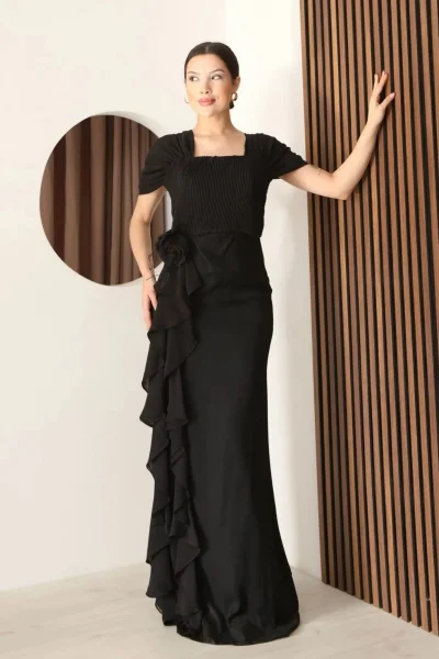 Piliseli ve Şifon Detaylı Uzun Abiye Elbise 2391-Siyah