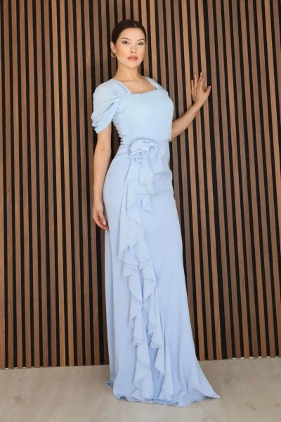 Piliseli ve Şifon Detaylı Uzun Abiye Elbise 2391-Bebe Mavisi