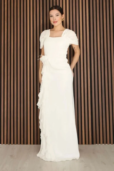 Piliseli ve Şifon Detaylı Uzun Abiye Elbise 2391-Beyaz