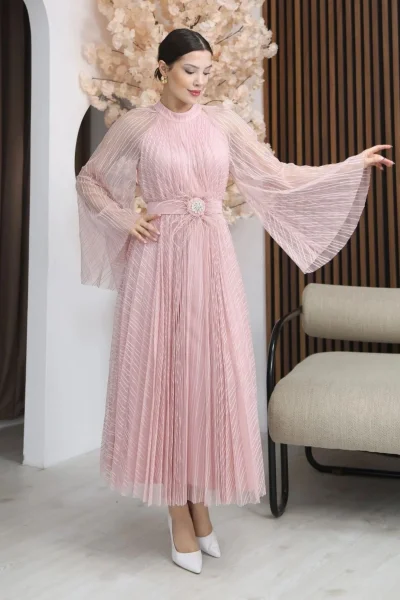 Pilise Detaylı Kemerli Rahat Form Tül Elbise 2305-Pudra