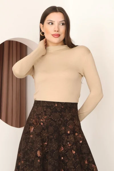 Balıkçı Yaka Likralı Penye Body 5995-Bej