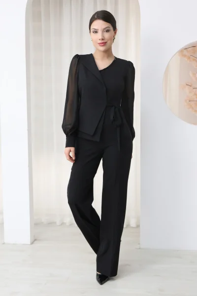 Nursel Ergin Bağlama Detaylı Asimetrik Yaka Tulum 6043-Siyah