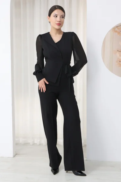 Nursel Ergin Bağlama Detaylı Asimetrik Yaka Tulum 6043-Siyah