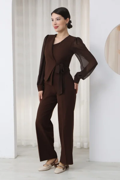 Nursel Ergin Bağlama Detaylı Asimetrik Yaka Tulum 6043-Kahverengi