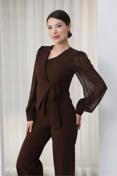 Nursel Ergin Bağlama Detaylı Asimetrik Yaka Tulum 6043-Kahverengi