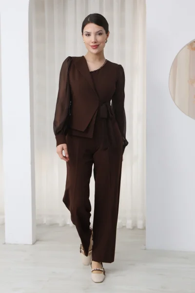 Nursel Ergin Bağlama Detaylı Asimetrik Yaka Tulum 6043-Kahverengi