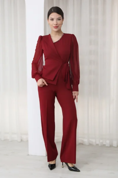 Nursel Ergin Bağlama Detaylı Asimetrik Yaka Tulum 6043-Bordo