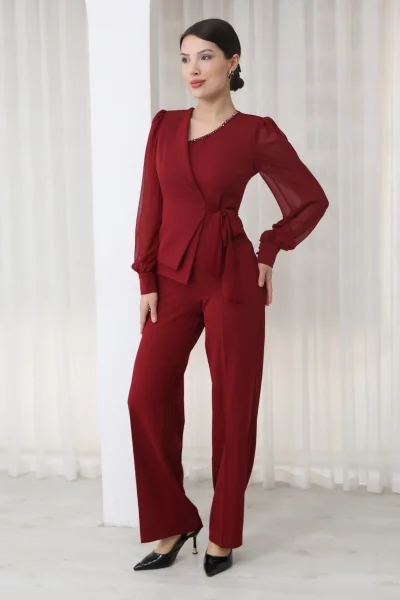 Nursel Ergin Bağlama Detaylı Asimetrik Yaka Tulum 6043-Bordo