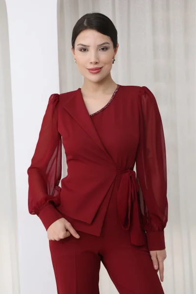 Nursel Ergin Bağlama Detaylı Asimetrik Yaka Tulum 6043-Bordo